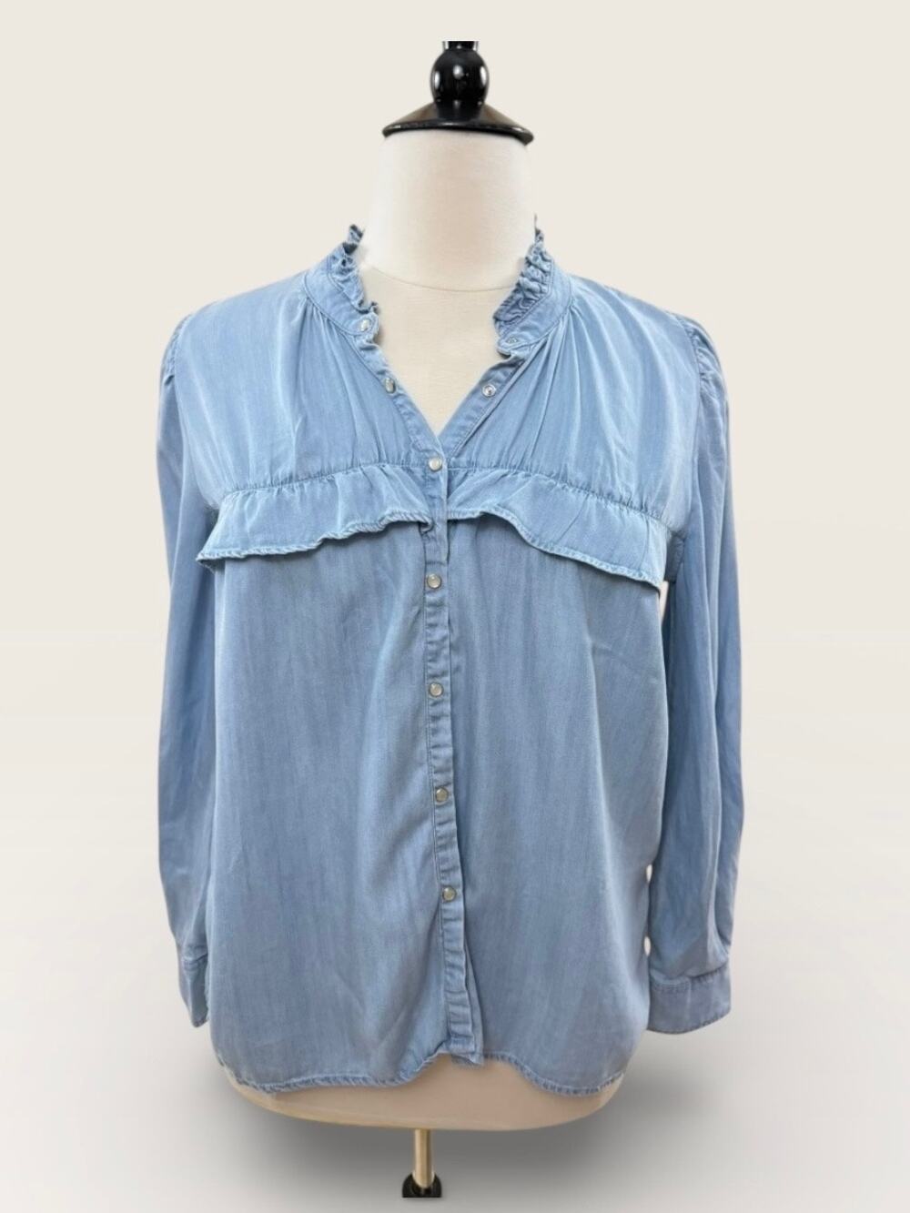Dear John Chambray Pearl Snap Ruffle Detail Blouse, Size L